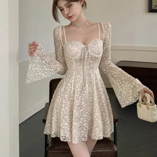 Minivestidos sexis de encaje para mujer, con mangas acampanadas, cuello cuadrado, corsé ajustado, corte A, para boda, fiesta de cumpleaños, vestidos de graduación Y2K