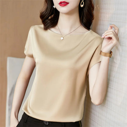Blusas de oficina de verano de manga corta con cuello redondo, blusa de satén, camisas para mujer, camisas casuales lisas y holgadas, blusas DF4904