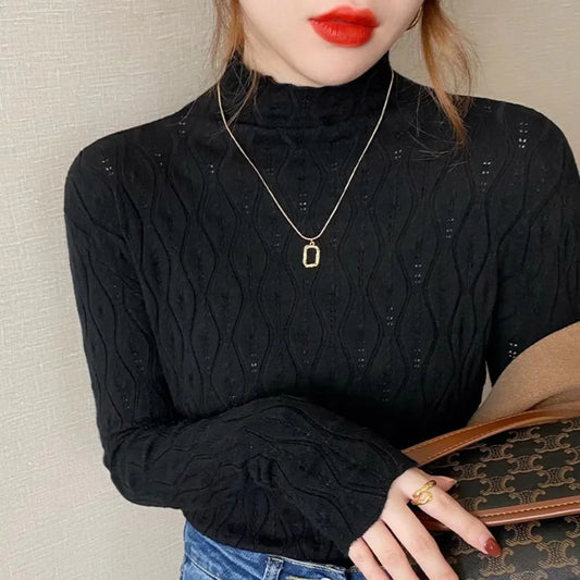 Nuevos suéteres de cuello alto de cachemira sintética para mujer, suéter cálido de otoño e invierno, suéter ajustado, suéter de punto, jersey suave para mujer