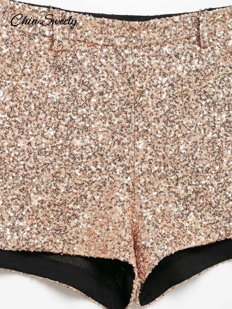 Y2K Sequin High Waist Shorts Women Fashion Lady Solid Shiny All-matching Short Pant 2025 Spring Summer Female Glitter Streetwear