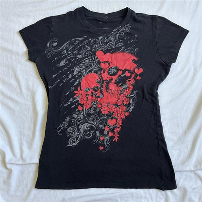 Goth y2k Top 2000s Women Emo Clothes Heart Skull Print Round Neck Short Sleeve T Shirts Grunge Aesthetic Clothing