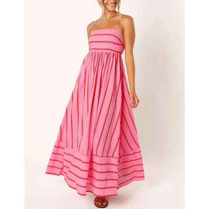 Vacation Dresses  Summer Women Striped Spaghetti Strap Sleeveless High Waist A Line Long Dresses Party Clubwear