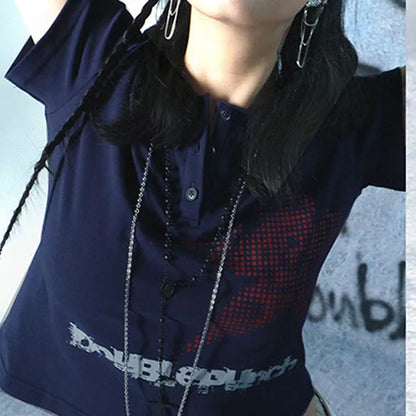 Top corto Harajuku estilo japonés con estampado de estrellas, cuello redondo, manga corta, camiseta gráfica Y2K, ropa de calle para mujer