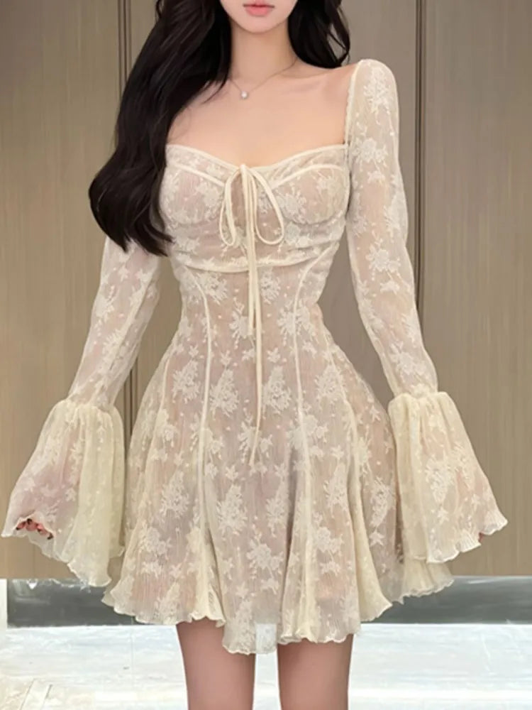 Minivestido de encaje francés sexy para mujer, Y2K, con hombros descubiertos, encaje, volantes, corte en A, otoño, primavera, manga larga, vestido de fiesta, vestidos de graduación