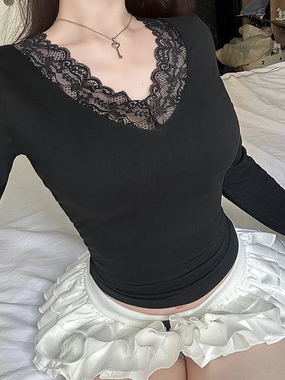 Camiseta de encaje negro con cuello en V para mujer, lisa, ajustada, básica, de manga larga, combina con todo, otoño, nueva