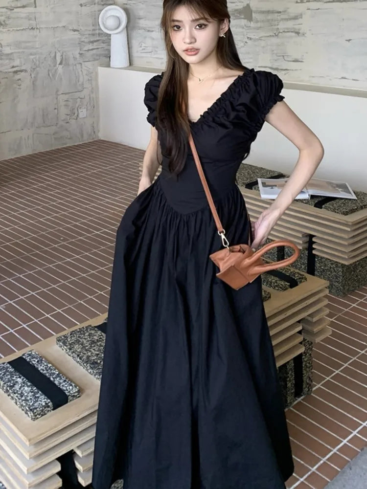 Vestidos midi casuales sólidos para mujer, estilo coreano elegante, con escote en V, espalda descubierta, cintura alta, mangas abullonadas, vestido de fiesta de verano, vestidos para mujer