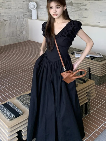 Vestidos midi casuales sólidos para mujer, estilo coreano elegante, con escote en V, espalda descubierta, cintura alta, mangas abullonadas, vestido de fiesta de verano, vestidos para mujer