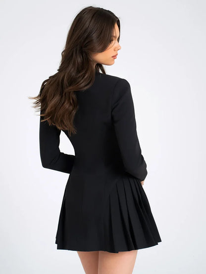 Vestido mini blazer negro de otoño para mujer, moda, escote en V, botonadura sencilla, manga larga, cintura alta, plisado, sexy.