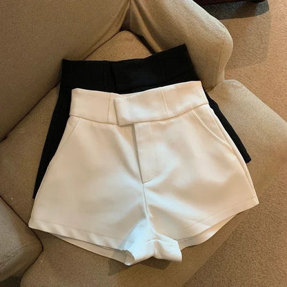 Pantalones cortos elegantes de traje para mujer, pantalones cortos lisos de cintura alta y pierna ancha para oficina, moda coreana, pantalones cortos sencillos en blanco y negro que combinan con todo.