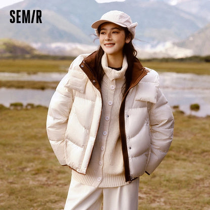 Chaqueta de plumas para mujer, suelta, con colores contrastantes, nueva chaqueta acolchada con capucha de invierno, personalidad moderna y de moda.