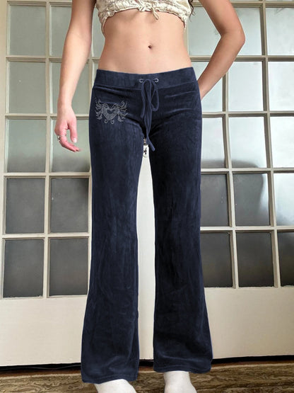Pantalones acampanados de terciopelo de cintura baja estilo retro americano Y2K para mujer, con cordón ajustable en la cintura, con corazón y diamantes de imitación, bonitos pantalones casuales de calle