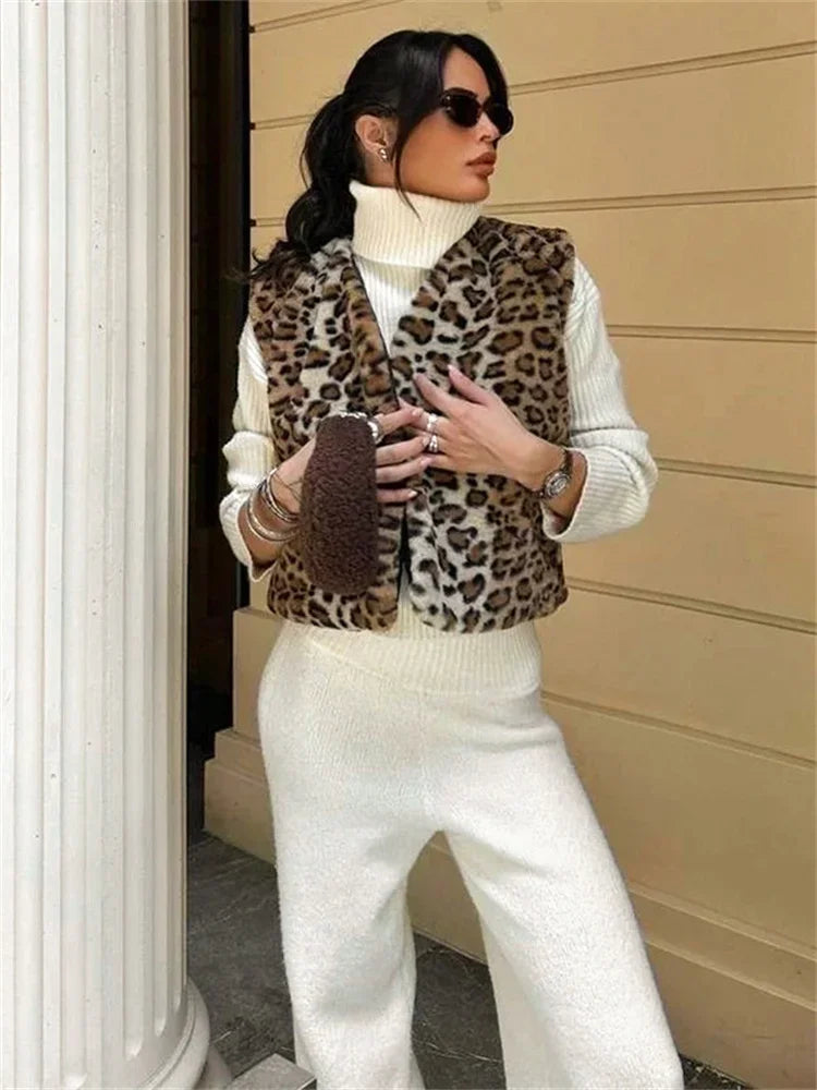 Leopard Printed V-Neck Vestidos Coat Female Contrast Printed Streetwear Cropped Top Loose Autumn Commute Outwear Cardigan