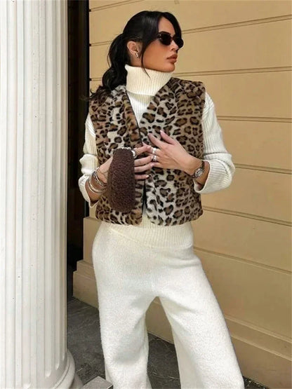 Leopard Printed V-Neck Vestidos Coat Female Contrast Printed Streetwear Cropped Top Loose Autumn Commute Outwear Cardigan
