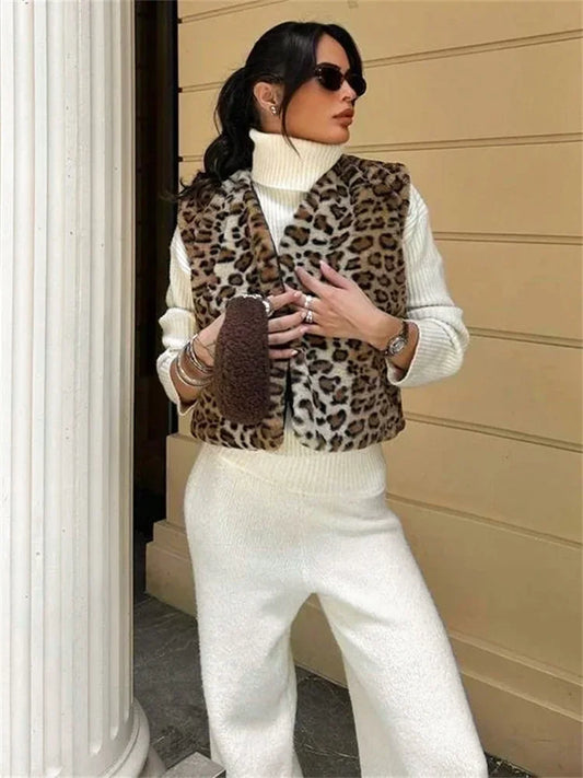 Leopard Printed V-Neck Vestidos Coat Female Contrast Printed Streetwear Cropped Top Loose Autumn Commute Outwear Cardigan