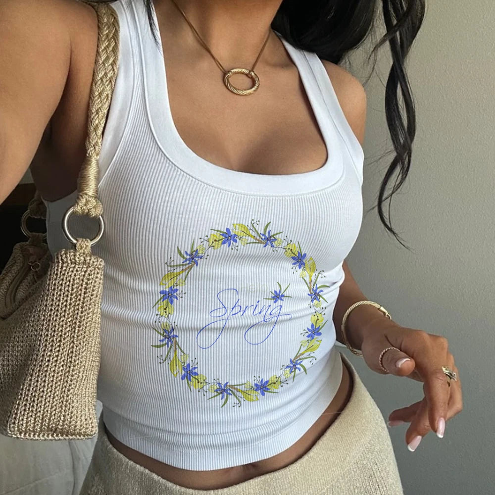 Camiseta de manga corta con cuello halter para mujer, estilo Y2K, con texto artístico, nueva temporada de estampado callejero de Europa y Estados Unidos