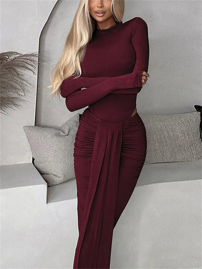 Conjunto de dos piezas de invierno para mujer: falda larga, mono informal de cintura alta y falda larga plisada, conjuntos sexis ajustados de color liso.