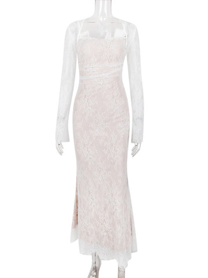 Elegante vestido largo con estampado de encaje para mujer, vestido largo sexy ajustado con tirantes finos y manga larga para fiesta y club