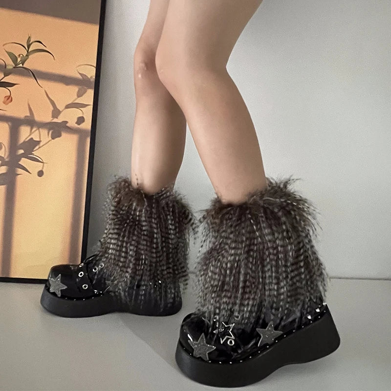 Calentadores de piernas de piel sintética gótica Y2K para mujer, cubrebotas Harajuku, Lolita, chicas, punk, moda, lindos leggings hipster JK, cálidos y esponjosos