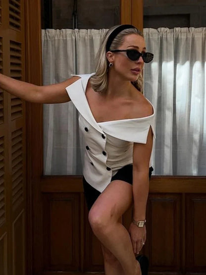 Chaleco cruzado con hombros descubiertos para mujer, sexy, ajustado, sin mangas, moda de verano, ropa de calle