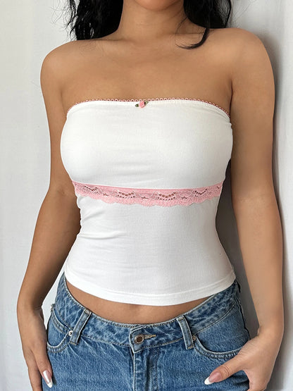 Top tubo blanco sin tirantes con encaje en contraste Y2K para mujer, bonito chaleco corto kawaii de los años 2000