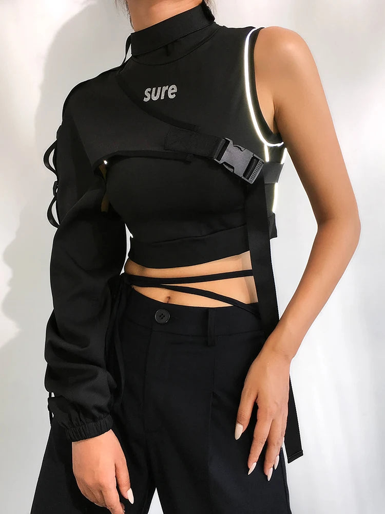 Neon Green One Shoulder Off Halter Top Harajuku Black Reflective Tshirt Women Hip Hop Street Wear Tee Shirt Femme