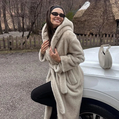 Belted Faux Mink Fur Coat Women  Winter Beige Gradient Furry Fur Jacket Luxury Brand Hooded Warm Outerwear Overcoat
