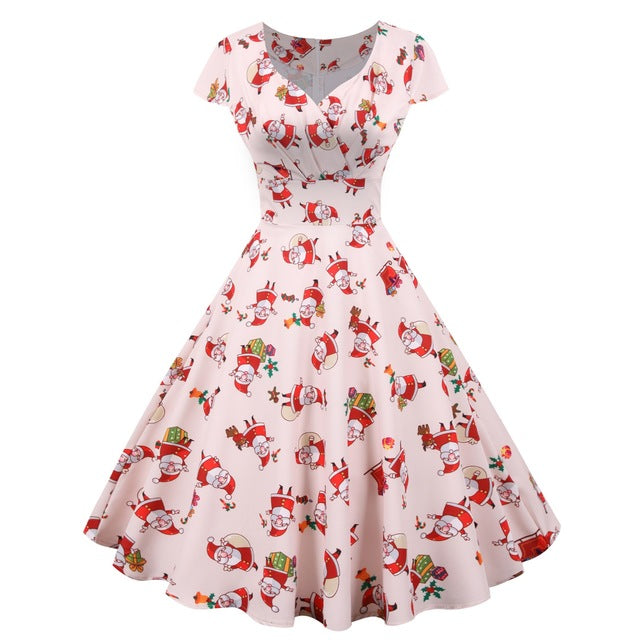 2025 Christmas Festival Dress Up Party Dresses Women Fashion Print Folds V-neck A-line Dress Lady Vintage Commuting Vestidos New