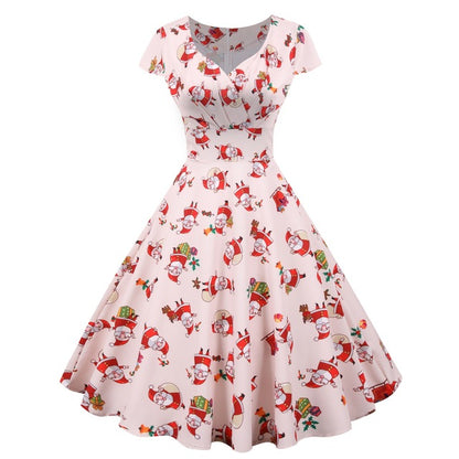 2025 Christmas Festival Dress Up Party Dresses Women Fashion Print Folds V-neck A-line Dress Lady Vintage Commuting Vestidos New