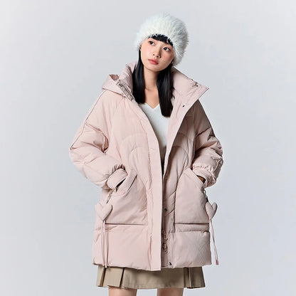 Down Jacket Women Medium Long Hooded Texture Winter Loose  New Gentle Sweet Love Thick Jacket