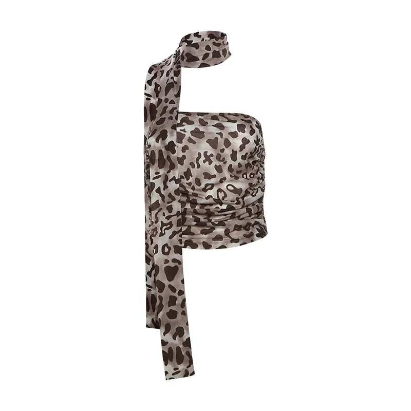 Blusa informal de verano con estampado de leopardo y tul para mujer, con escote recto, hombros descubiertos y bandeau.