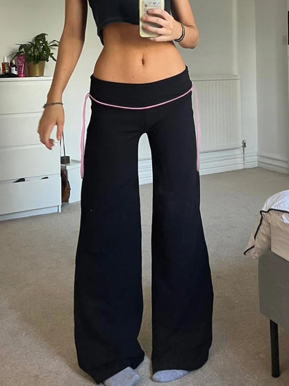 Pantalones acampanados Y2K de cintura baja con cordones en contraste para mujer, negros, básicos, sencillos, informales, de estilo dulce