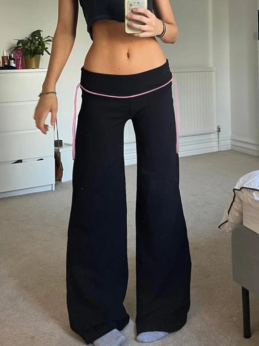 Pantalones acampanados Y2K de cintura baja con cordones en contraste para mujer, negros, básicos, sencillos, informales, de estilo dulce