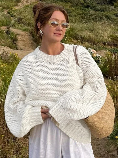 Suéteres casuales de punto con cuello redondo y aberturas para mujer, suéter holgado de manga larga liso, tops elegantes de calle para otoño