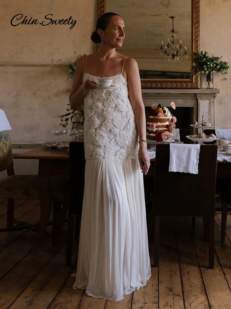 Elegante vestido largo blanco con estampado floral 3D para mujer, con retazos, espalda descubierta, plisado, para fiesta de noche, verano 2025, corte A