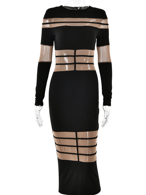 Elegante vestido de noche ajustado de manga larga de malla con retazos para mujer, vestido elástico ajustado para otoño/invierno, nuevo 2025, vestido femenino
