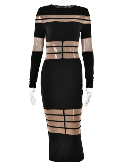Elegante vestido de noche ajustado de manga larga de malla con retazos para mujer, vestido elástico ajustado para otoño/invierno, nuevo 2025, vestido femenino