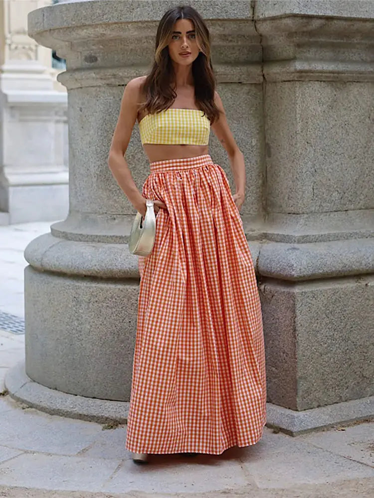 Conjunto de falda larga y camisa de tubo sexy para mujer, camisetas cortas sin mangas retro, conjuntos de faldas plisadas de cintura alta, para vacaciones en la playa