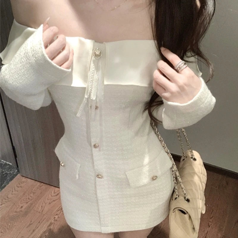 Elegante vestido corto de tweed con cuello oblicuo para mujer, manga larga, cintura estrecha, vestido de fiesta de cumpleaños, moda coreana, Vestidos para mujer