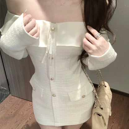 Elegante vestido corto de tweed con cuello oblicuo para mujer, manga larga, cintura estrecha, vestido de fiesta de cumpleaños, moda coreana, Vestidos para mujer