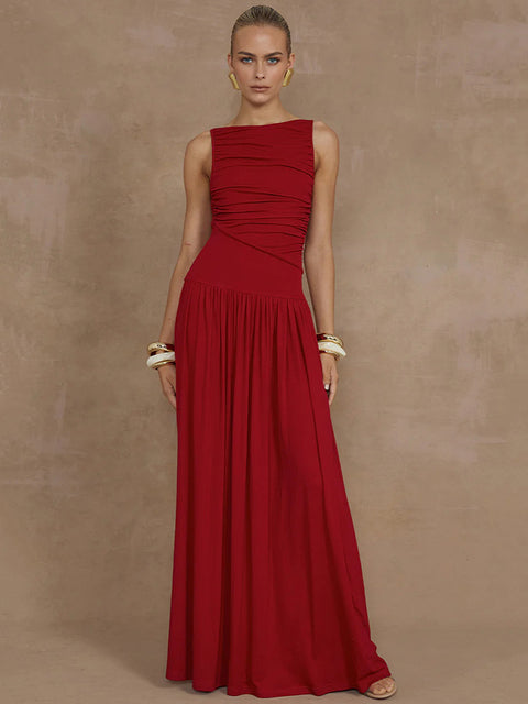 Elegante vestido largo sin mangas para mujer, moda sólida, cuello barco, vestidos de tirantes, vestido largo fruncido sexy para mujer, nuevo vestido