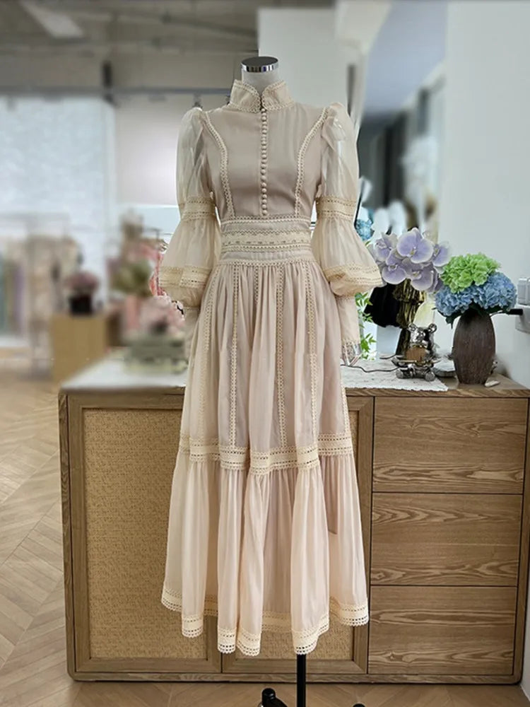 Elegante vestido largo estilo hada, cuello alto, mangas farol, cintura ajustada, moda para mujer, primavera otoño 2025, 1351