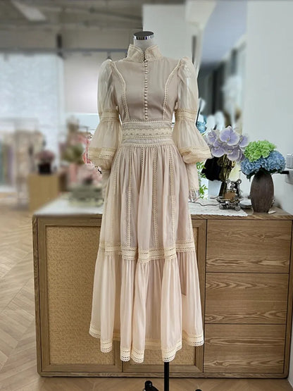 Elegante vestido largo estilo hada, cuello alto, mangas farol, cintura ajustada, moda para mujer, primavera otoño 2025, 1351