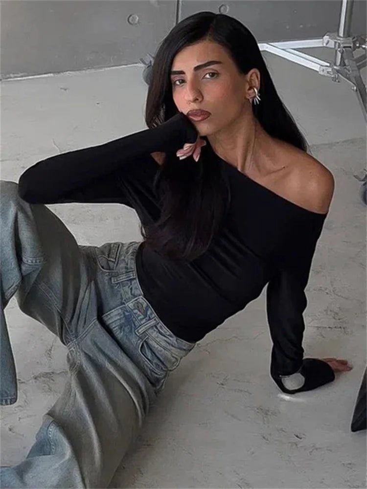Black Off-Shoulder Long Sleeve T-shirt For Women High Waist Autumn  Slim Fashion Pullover Top Ladies Solid Y2k Tee Top