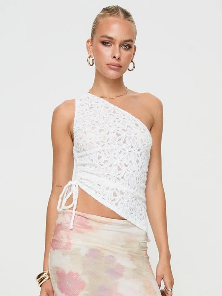Inclined Collar White Crop Top Women Drawstring Y2k Accessories Lace Ropa De Mujer Camison Verano Couquette Aesthetic Clothes