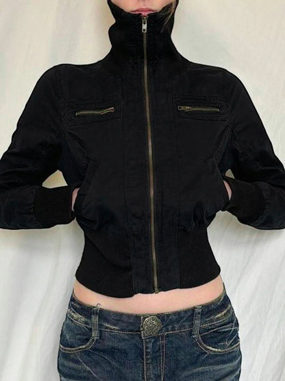 Chaqueta bomber de manga larga ajustada con cuello alto y cremallera negra de estilo callejero coreano para mujer, nueva moda de otoño, prendas de vestir góticas