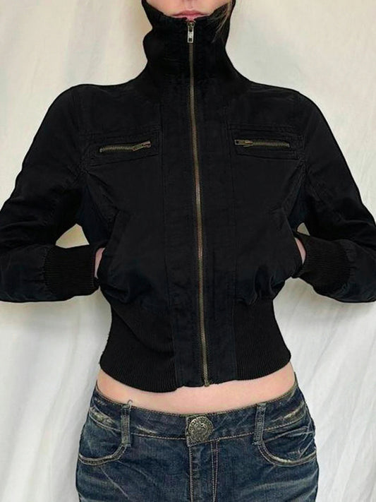Chaqueta bomber de manga larga ajustada con cuello alto y cremallera negra de estilo callejero coreano para mujer, nueva moda de otoño, prendas de vestir góticas