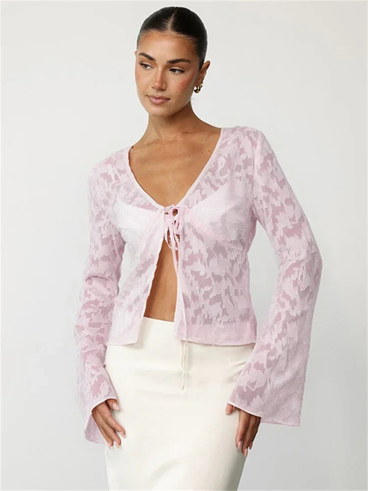 Lace Printed See-Through T-shirt Cardigan Top Female Lace-Up Patchwork Sexy Cropped Y2k Top Tee Women’s Bandage Top