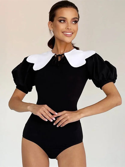 One Piece Outfit with Ruffle Collar for Women, Sexy Bodysuit, Short Sleeve, Color Blocking Lingerie, Elegant Summer Clothes