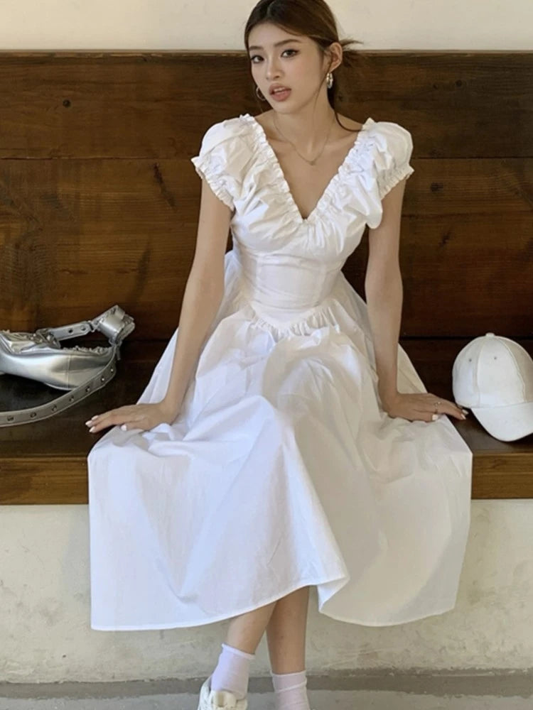 Vestidos midi casuales sólidos para mujer, estilo coreano elegante, con escote en V, espalda descubierta, cintura alta, mangas abullonadas, vestido de fiesta de verano, vestidos para mujer