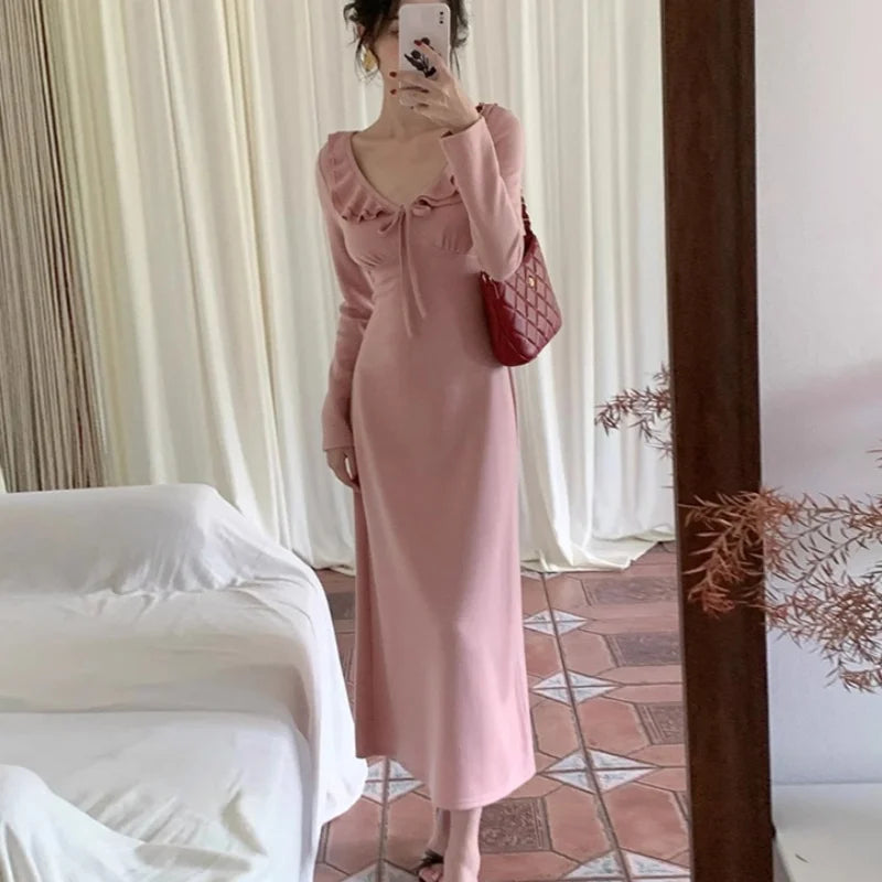 Vestido Y2K para mujer, ropa de color sólido con volantes, cuello en V, manga larga, ajustado, vestidos largos de fiesta, ropa de calle